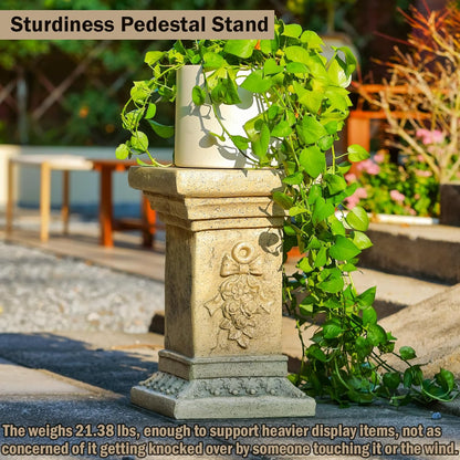 19" Tall Garden Pedestal Stand with Bow Design, Heavy Duty Plinth, Weatherproof Outdoor Pedestal for Sculptures, Flower Pots, or Use as Side Table - Durable Magnesium Oxide Material