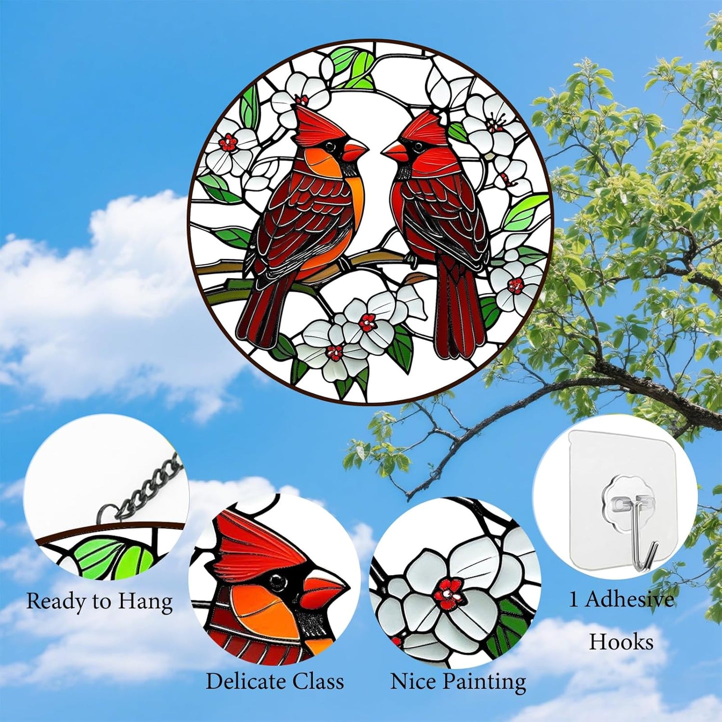 Cardinal Suncatchers Stained Glass for Windows Hanging - 8'' Sun Catchers Indoor Window - UV-Print Stain Glass Window Hanging for Home Decor, Wall Art, Gifts for Mom, Bird Lovers