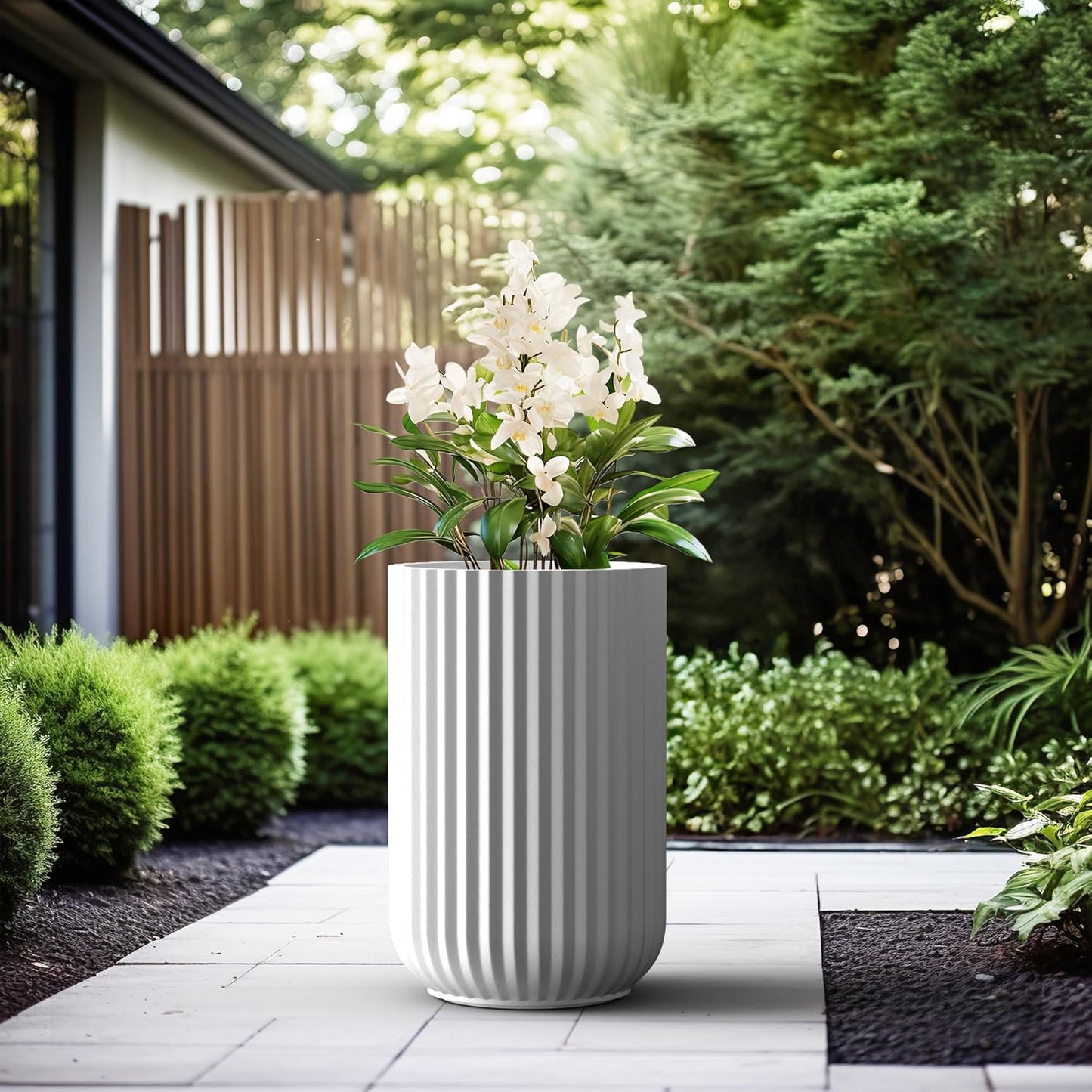 Kante Tall Fulted Planter, 21.7 Inch Tall Round Concrete Plant Pots with Drainage Hole and Rubber Plug, Modern Decor for Indoor Outdoor Plants, Flower, White