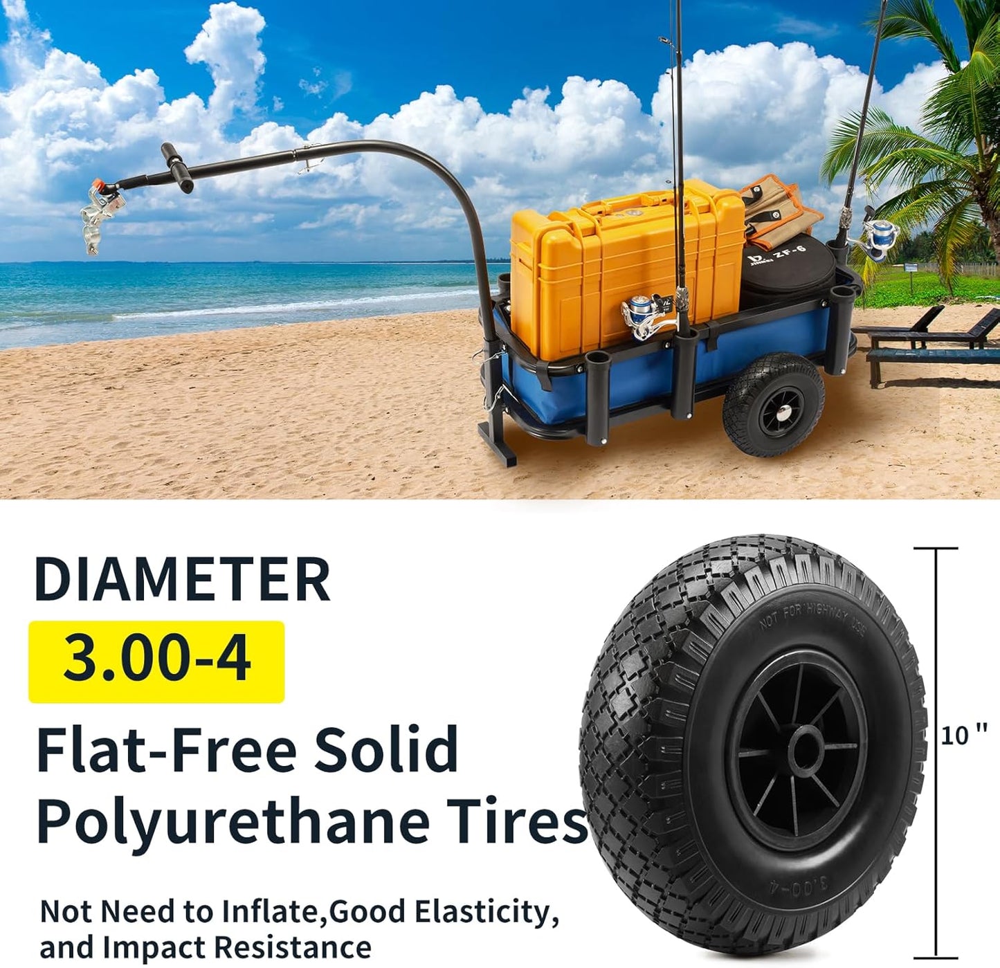 Beach Fishing Cart, w/10 Big Wheels Black PU Solid Balloon Tires for Sand, Fishing Wagon Cart Large Capacity with 32-1/4" L x 16" W Liner and PP Plate, Heavy Duty Surf Cart w/Bicycle Hitch
