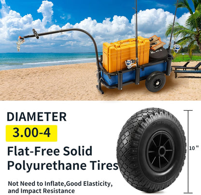 Beach Fishing Cart, w/10 Big Wheels Black PU Solid Balloon Tires for Sand, Fishing Wagon Cart Large Capacity with 32-1/4" L x 16" W Liner and PP Plate, Heavy Duty Surf Cart w/Bicycle Hitch