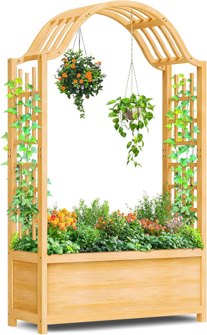 SUNYRISY Raised Garden Bed with Arch Trellis, Wooden Outdoor Vertical Planter Box for Climbing Plant Vine Flowers Vegetables, Planter Raised Bed with Hanging Roof and Drainage Holes