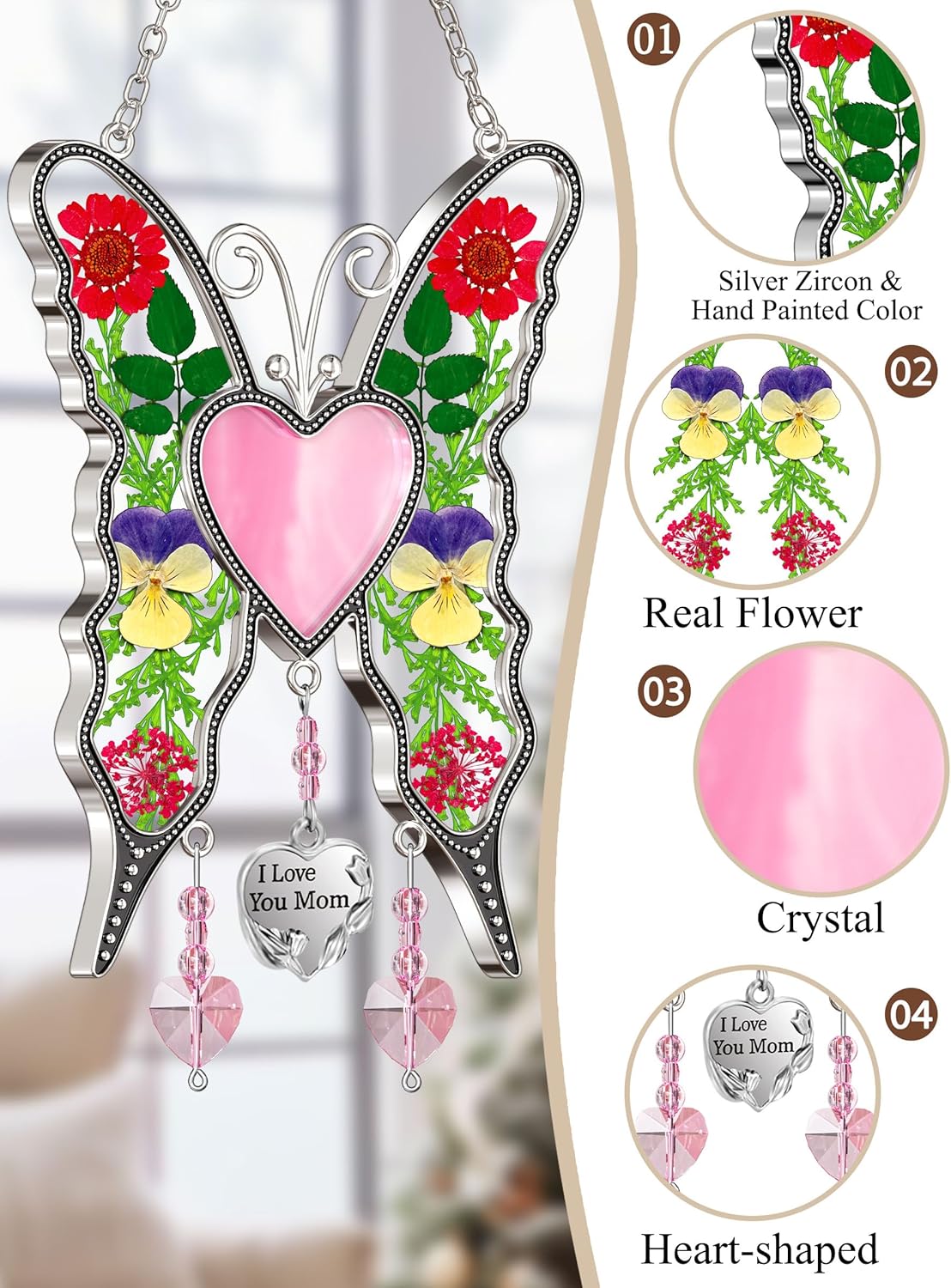 KY&BOSAM Gifts for Mom Suncatcher Butterfly Mother`s Day Gifts I Love You Mom Stained Glass Panels Heart for Window Hanging Wind Chime Pressed Real Flowers Wings Unique Design Birthday Gift for Women