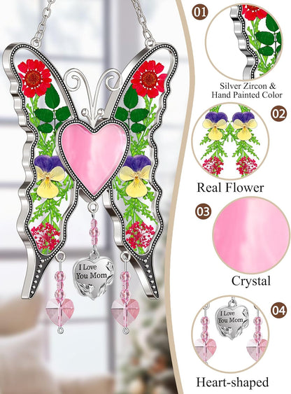 KY&BOSAM Gifts for Mom Suncatcher Butterfly Mother`s Day Gifts I Love You Mom Stained Glass Panels Heart for Window Hanging Wind Chime Pressed Real Flowers Wings Unique Design Birthday Gift for Women