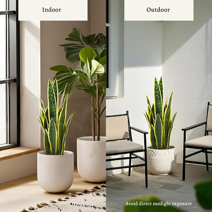 KOL 2ft Artificial Snake Plant, 32 Lifelike Faux PVC Leaves, Indoor Home Garden Decor, Fake Sansevieria Potted Plants, Mother-in-Law Tongue, 25.6in Floor Greenery in Black Pot