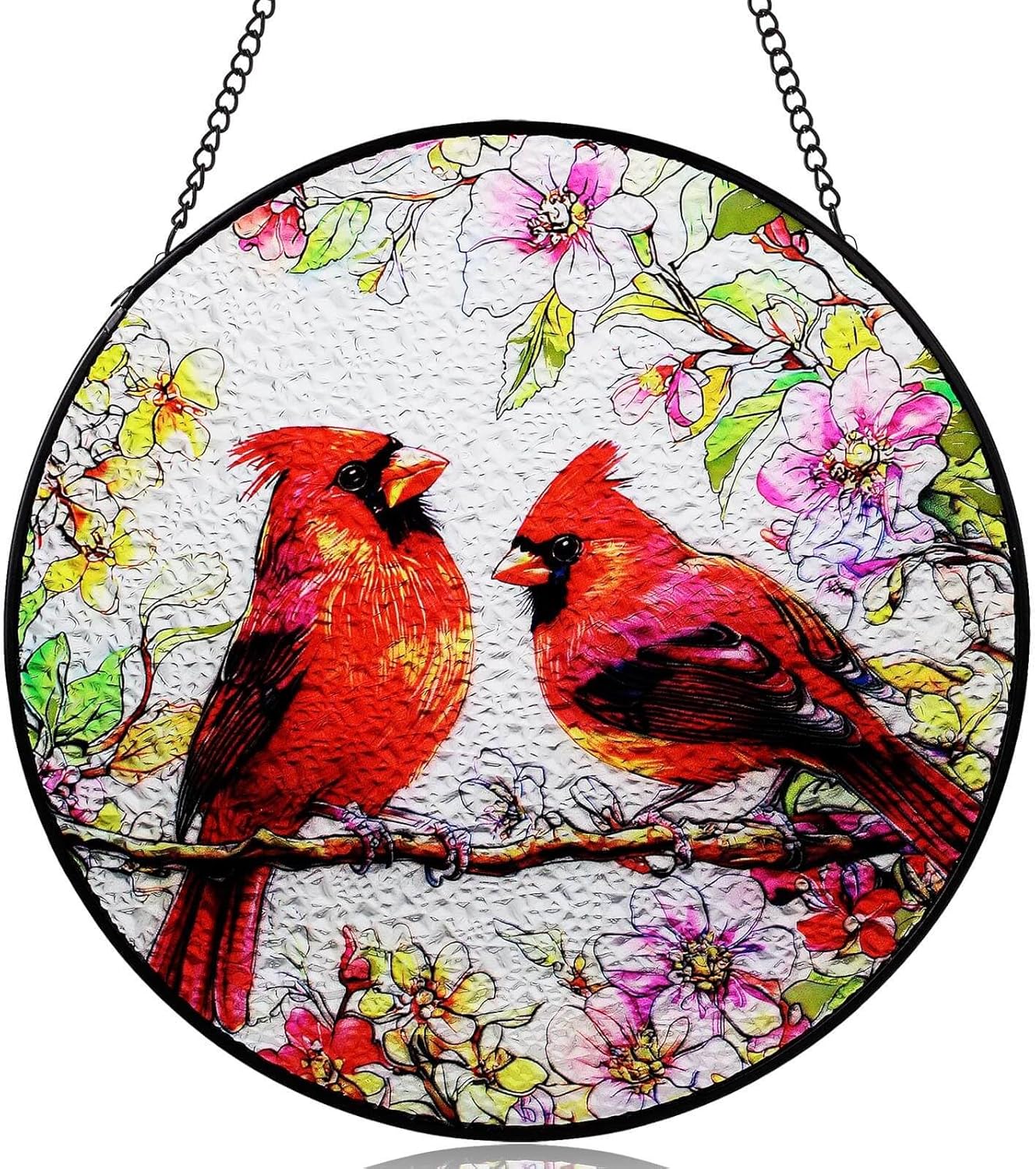 Cardinal Stained Glass Suncatcher, 7.87" Round Red Bird Stain Glass Window Hanging Panels (Indoor/Outdoor, Wall/Garden), Cardinal Gifts for Grandma, Window Decorations for Women & Bird Lover