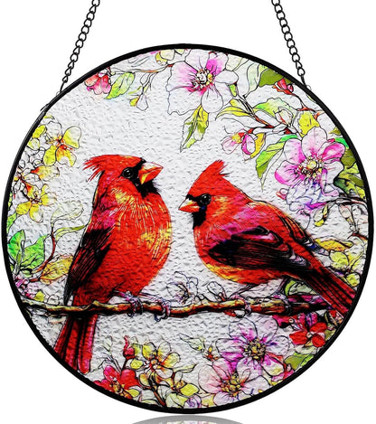 Cardinal Stained Glass Suncatcher, 7.87" Round Red Bird Stain Glass Window Hanging Panels (Indoor/Outdoor, Wall/Garden), Cardinal Gifts for Grandma, Window Decorations for Women & Bird Lover