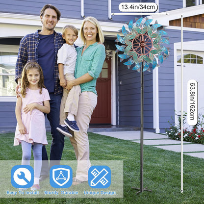 66 Inch Metal Outdoor Wind Spinner, 2-Way Wind Sculpture Spinner with Metal Stake, Waterproof 360 Degrees Kinetic Windmill Art Decoration for Patio Garden Lawn (A- Vintage Blue)
