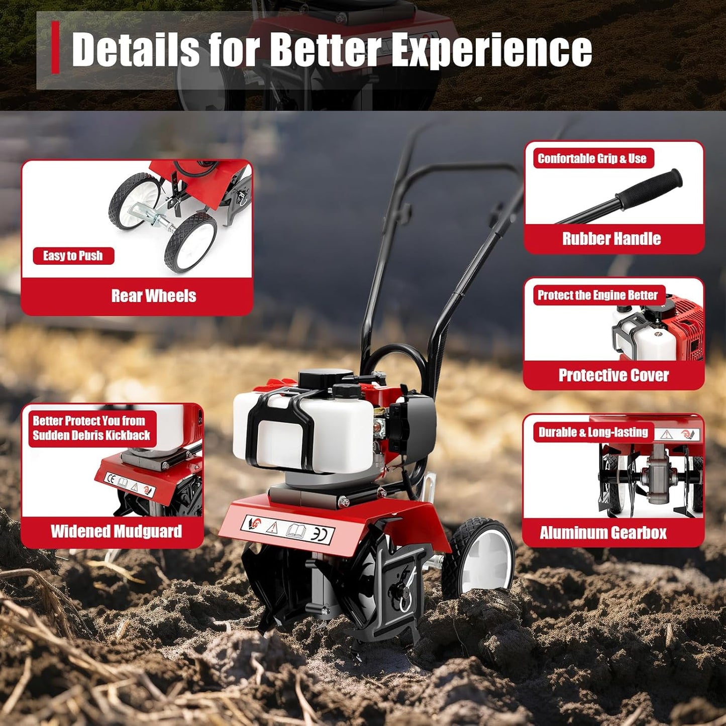 52CC Gas Powered Garden Tiller/Cultivator, 2 Stroke Mini Tiller for Gardening,1.65KW Hand Tiller, Garden Tools, Rototiller Cultivator with Long Handle,Tiller Machine for Plow, Turn The Soil