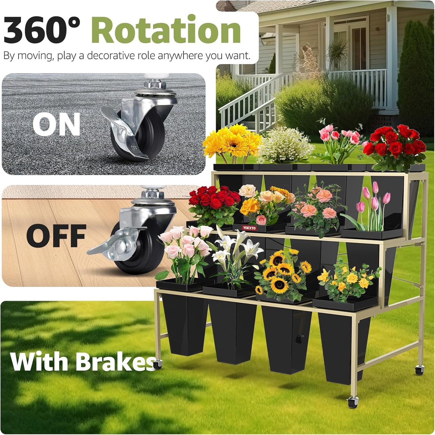 Flower Display Stand 3 Layers with Buckets, 12 PCS Buckets Plant Stand with Wheels, Movable Metal Plant Stand for Terrace Garden, Living Room, Florist Shop