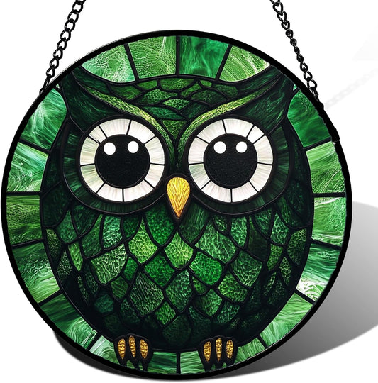 Stained Glass Window Hanging - Green Owl Suncatcher for Doors Garden Patio Funny Bird Sun Catchers
