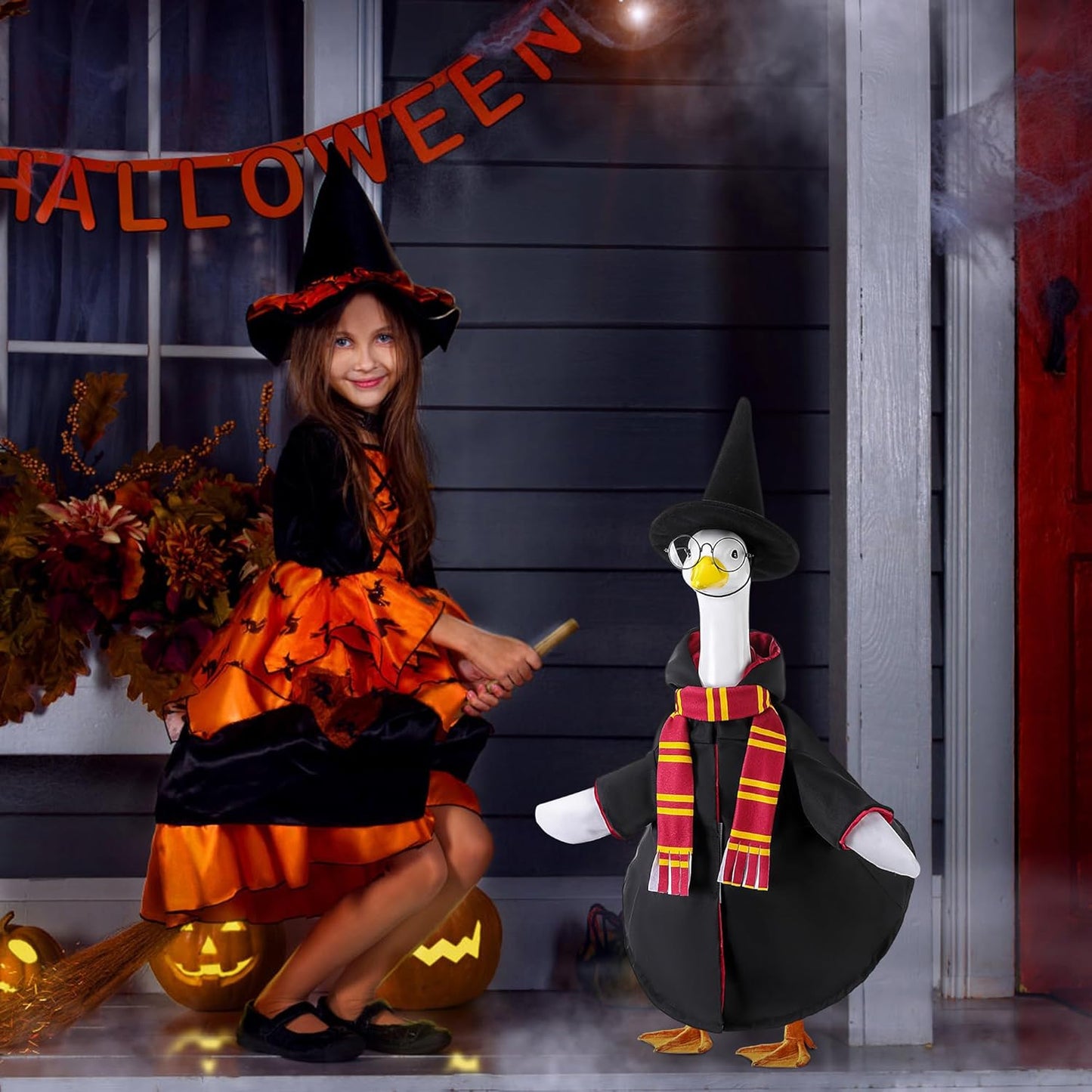 4 Pcs/Set Halloween Witch Goose Outfits, Lawn Porch Goose Statue Wizard Costume, Garden Goose Witches Clothes with Hat Scarf Glasses for 23" Statue Halloween Fall Christmas Outdoor Patio Yard Decor