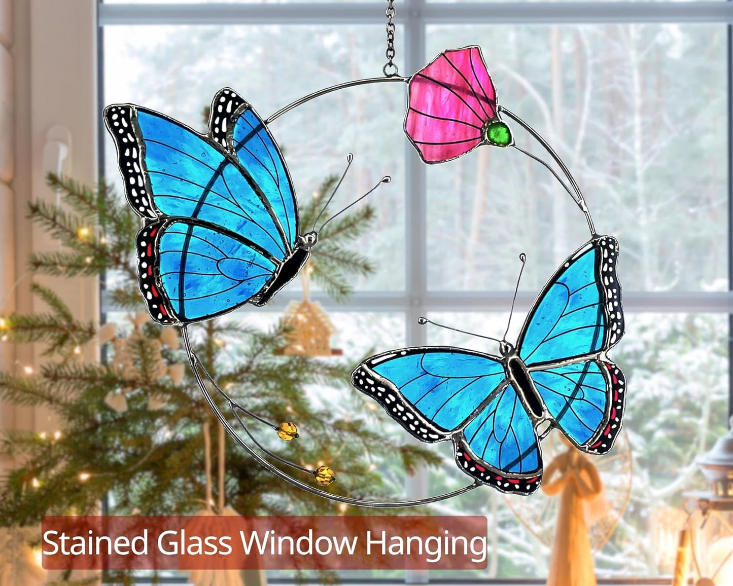2 Morpho Butterfly Stained Glass Window Hanging - Handmade Suncatcher Real Glass - Blue Menelaus Butterflies Light Catcher Elegant Gifts for Mother, Women, Grandma (Gifts-Box provided)