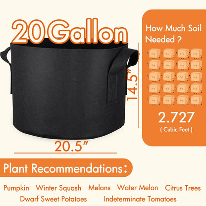 Gardzen 6-Pack 20 Gallon Grow Bags, 500G Thickened Aeration Fabric Pots with Handles, Heavy Duty Cloth Pots for Plants