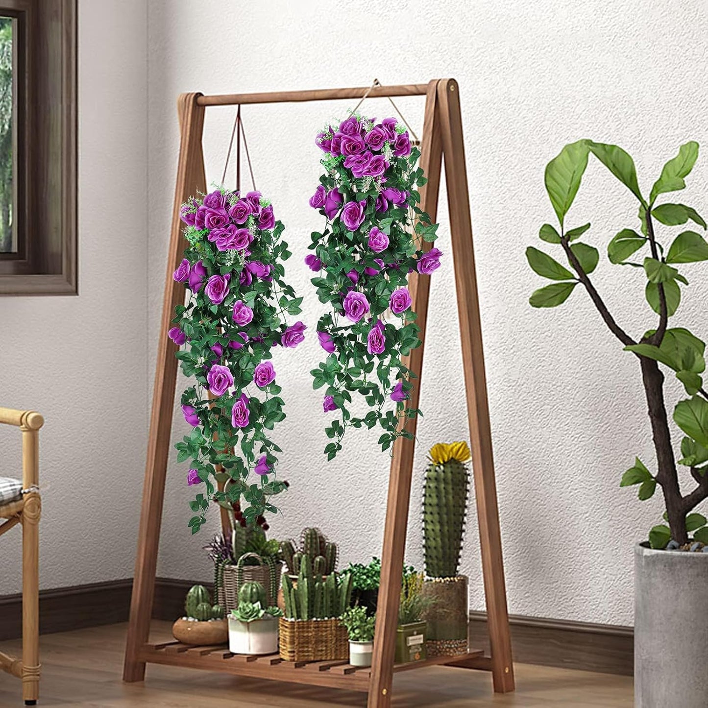RECUTMS Artificial Hanging Rose Plants Fake Flowers Vines Wall Décor House Garden Patio Front Porch Indoor Decor (Purple)
