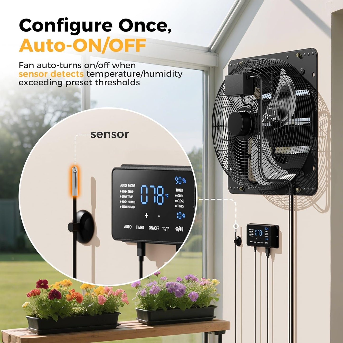 16 Inch EC Motor Shutter Exhaust Fan, 6 Inch Large Touchscreen Controller for Temp Humidity and Speed Control, 10-Speed Wall Mount Fan for Attic, Greenhouse, Garage, Chicken Coop Ventilation