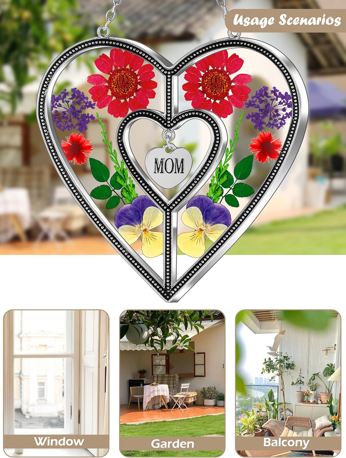 KY&BOSAM Heart Suncatcher Mom Gift Ornament Stained Glass Panles Hangings for Windows Sun Catcher with Pressed Flower Heart in Glass Birthday Gifts for Women Mother`s Day Christmas Home Garden Decor