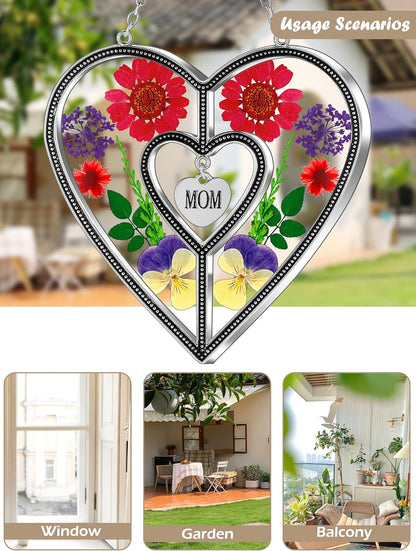 KY&BOSAM Heart Suncatcher Mom Gift Ornament Stained Glass Panles Hangings for Windows Sun Catcher with Pressed Flower Heart in Glass Birthday Gifts for Women Mother`s Day Christmas Home Garden Decor