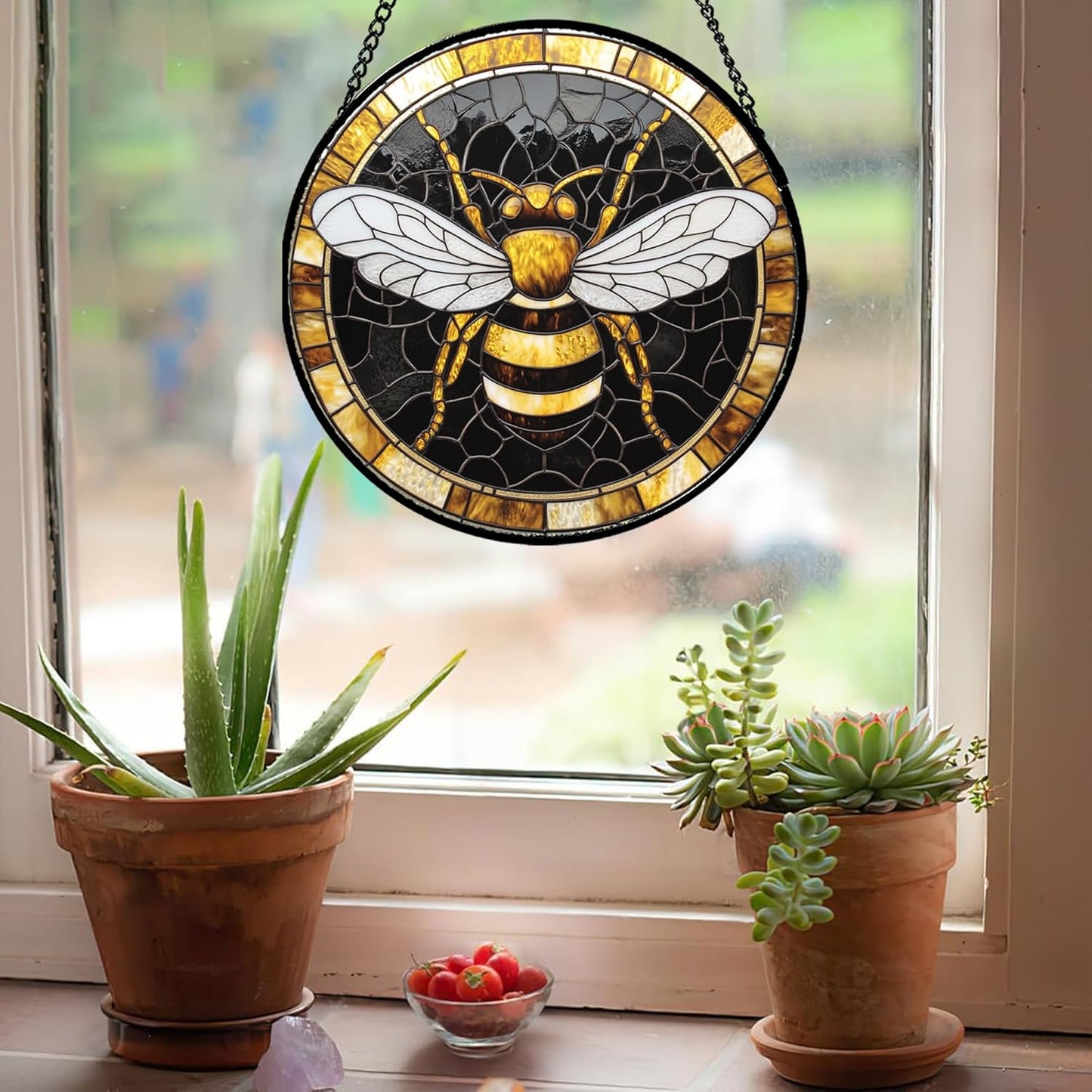 Stained Glass Window Hanging - Black Gold Bee White Wings Sun Catcher for Door Home Decor Insect Suncatcher Christmas Mother's Day Birthday Gifts for Women Men Lovers Mom Nana 7.8 in