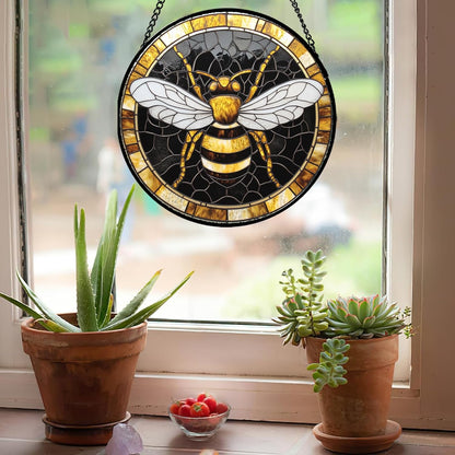 Stained Glass Window Hanging - Black Gold Bee White Wings Sun Catcher for Door Home Decor Insect Suncatcher Christmas Mother's Day Birthday Gifts for Women Men Lovers Mom Nana 7.8 in