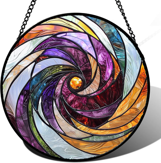 Stained Glass Window Hanging, Colorful Abstract Spiral Pattern Suncatcher for Doors Window Home Sun