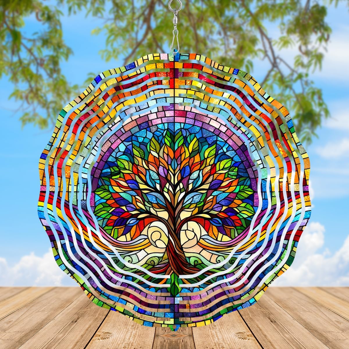 Tree of Life Wind Spinner 3D Stainless Steel Hanging Wind Spinners 10 Inch Stained Glass Style Multi-Color Kinetic Decor for Indoor and Outdoor Spaces Christmas