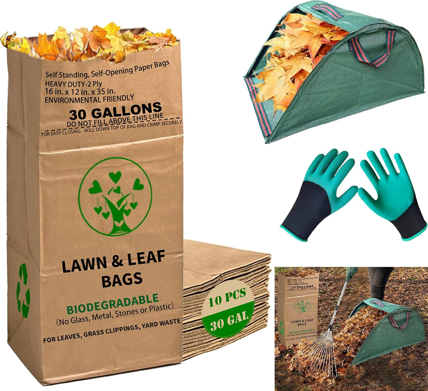 30 Gallon Heavy Duty Brown Paper Lawn and Leaf Bags with 20 GAL Dustpan-Type Bag, 2-Ply Heavy Duty Large Kraft Paper Bags (10 Count) | Tear Resistant Yard Waste Bag for Home and Garden