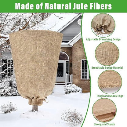Riare 4 Packs 24 × 40 Inch Burlap Winter Plant Cover Bags with Drawstring- Reusable Large Burlap Sack Plant Frost Protector, Plant Frost Cloth Cold Tree Freeze Blanket for Outdoor Plants Fruit Shrubs