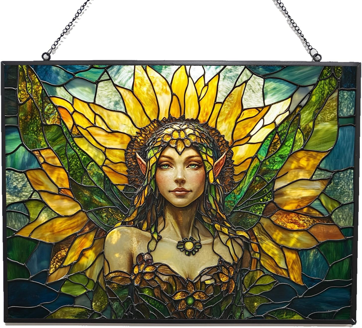Customized Rectangle Art Nouveau Sunflower Elf Stained Glass Window Hanging Sun Catcher Halloween Haning Ornament Decoration Christmas Birthday Gifts for Lover Friends Mother Day