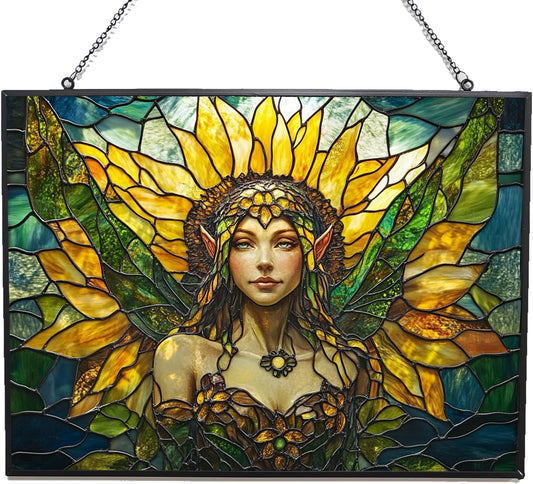 Customized Rectangle Art Nouveau Sunflower Elf Stained Glass Window Hanging Sun Catcher Halloween