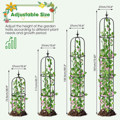 Tower Obelisk Garden Trellis for Climbing Plant，73.6inch Rustproof Metal Potted Plant Climbing Support for Indoor Outdoor Flowers Vegetable Fruits Vines Support （1pcs）