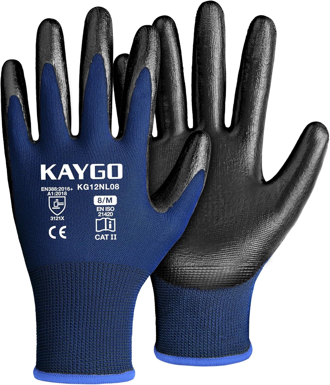 KAYGO Work Gloves Nitrile Coated, 12 Pairs KG12N，Seamless Knit, Protective Safety Work Gloves with Good Grip for General Work,Blue, M