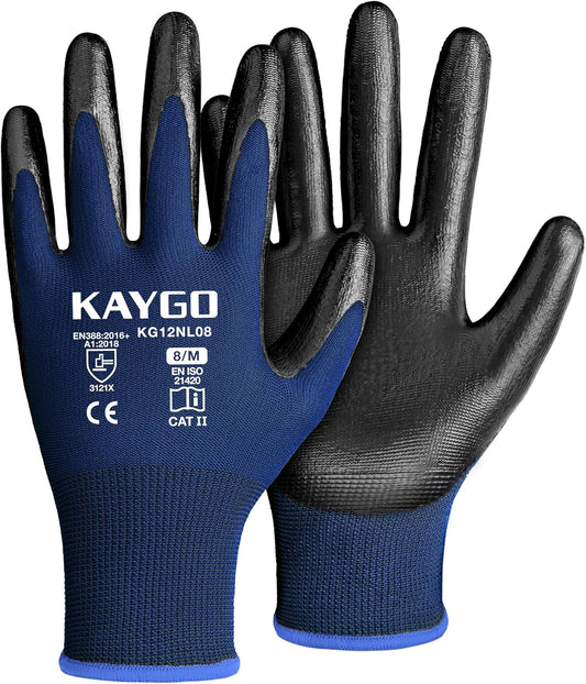 KAYGO Work Gloves Nitrile Coated, 12 Pairs KG12N，Seamless Knit, Protective Safety Work Gloves with Good Grip for General Work,Blue, M