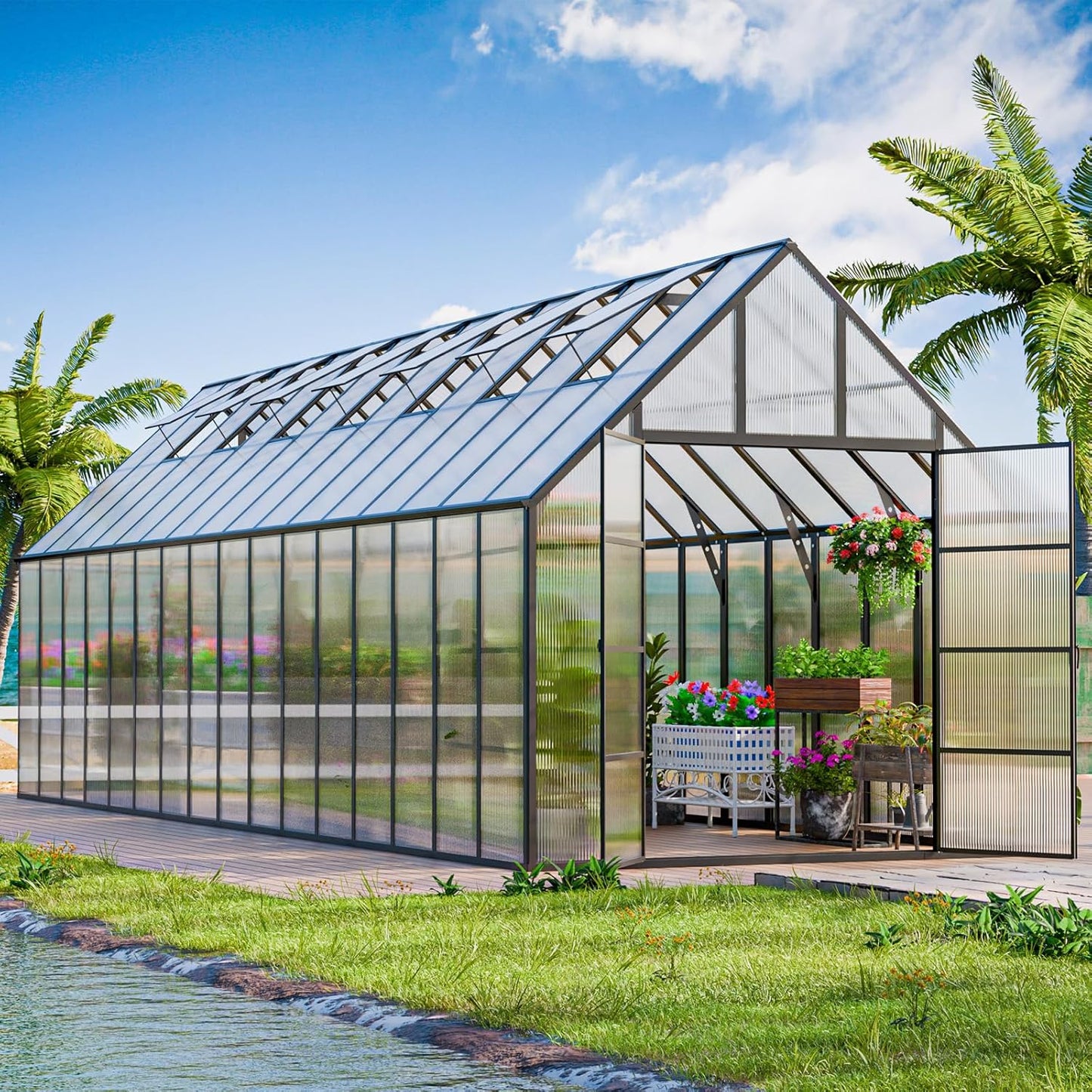 CDCASA 32x10x10 FT Greenhouse for Outdoors, Easy Assembly Large Thicker Aluminum Heavy Duty Polycarbonate Greenhouses Kit w/7 Windows, Outside Sunroom Walk-in Green House for Patio,Backyard