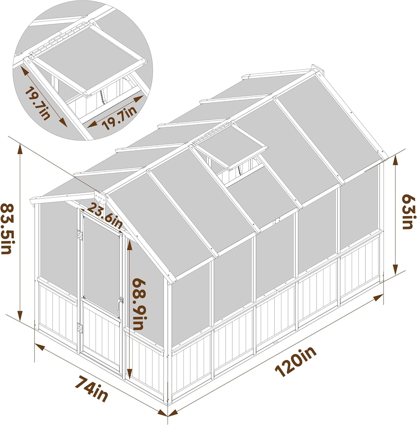 6x10 FT Green House for Outdoor, 6MM Thick Polycarbonate Panel Wooden Walk-in Greenhouse Kit with Lockable Door and Adjustable Roof Vent, Backyard Garden, Light Mocha Brown
