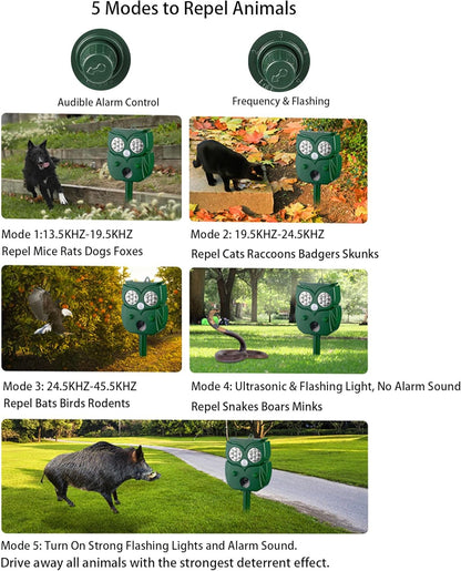 Solar Ultrasonic Animal Repellent Outdoor, 1Pack Repel Cats Dogs Squirrel Deer Fox Raccoon Rabbit Mole Coyote Deterrent, Waterproof with Motion Detector &LED Flash Lights for Yard Farm Garden