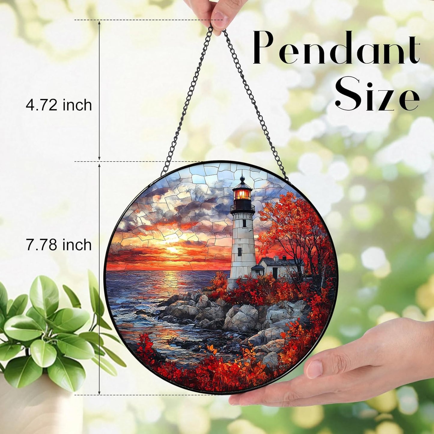 Coastal Lighthouse in Autumn Suncatcher -7.9 in Stained Glass Window Hanging Sun Catcher Garden Decor