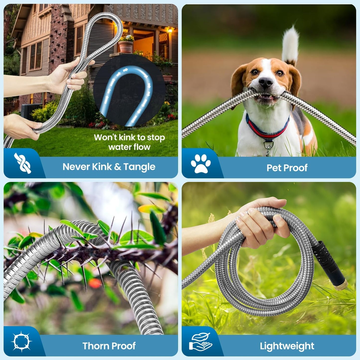 Garden Hose 100FT, Water Hose with 10 Function Nozzle, Garden Hose Metal with Leak-proof Connectors, Kink-Free & Ultra Flexible, Rust/Pet/Puncture Proof for Lawn, Yard, RV, Car Wash, 550PSI