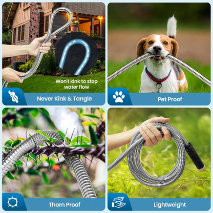Garden Hose 100FT, Water Hose with 10 Function Nozzle, Garden Hose Metal with Leak-proof Connectors, Kink-Free & Ultra Flexible, Rust/Pet/Puncture Proof for Lawn, Yard, RV, Car Wash, 550PSI