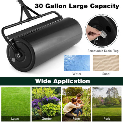Goplus Lawn Roller, Push/Tow Behind Lawn Roller, 30 Gallon/113L Water Sand Filled Sod Roller Drum Roller with Detachable Gripping Handle, Yard Roller Pull Behind a Tractor for Garden Yard Park Farm