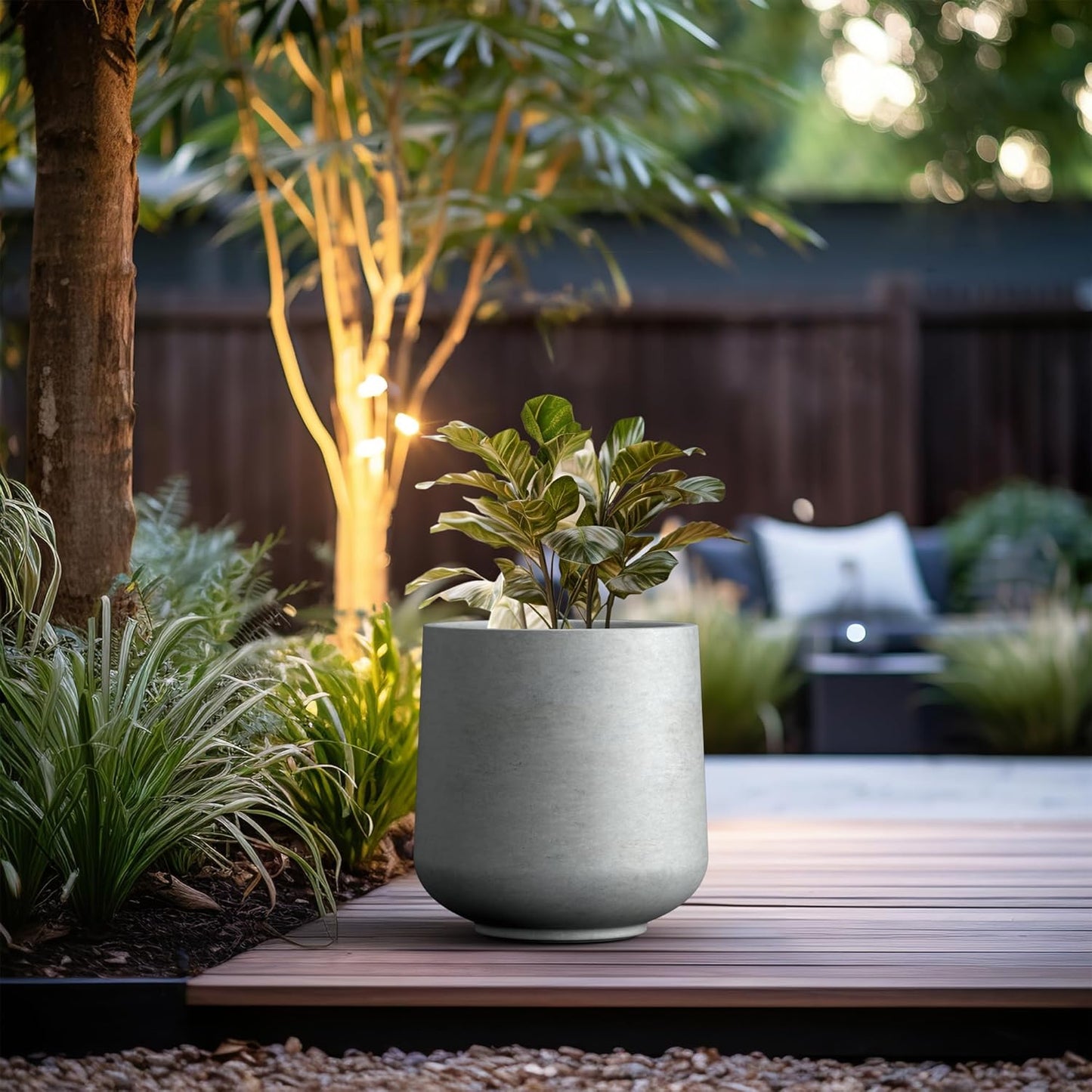 Kante 15.3" Dia Round Concrete Planter, Outdoor Indoor Large Plant Pots Containers with Drainage Hole and Rubber Plug for Home Garden Patio, Gray Concrete