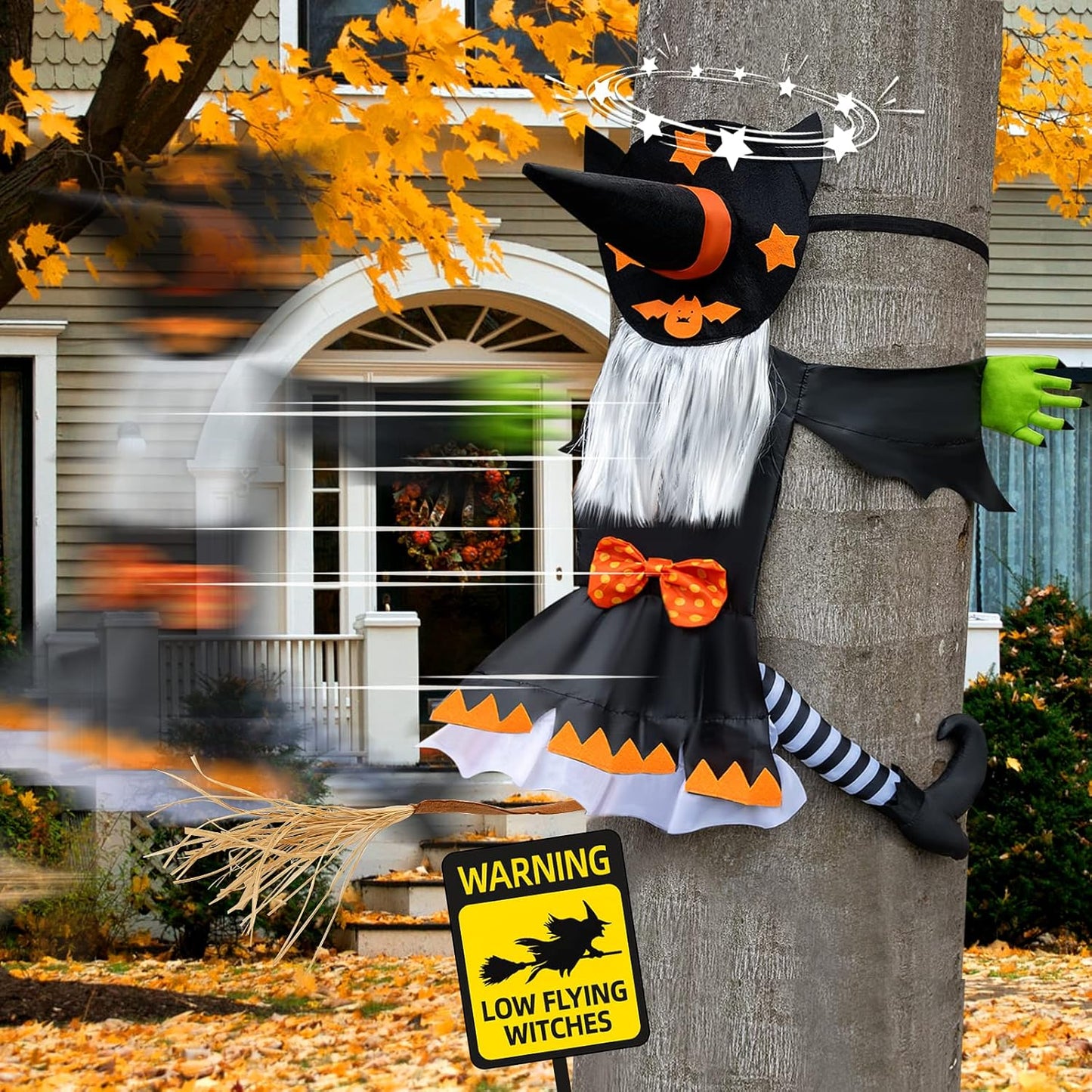 Crashing Witch Decor, Halloween Decorations Clearance Outdoor Witch Props Ornaments, Hanging into Tree/Porch Pole/Door/Indoor/Yard, with Adjustable Band, Outside Garden Funny Witches Flying Crashed