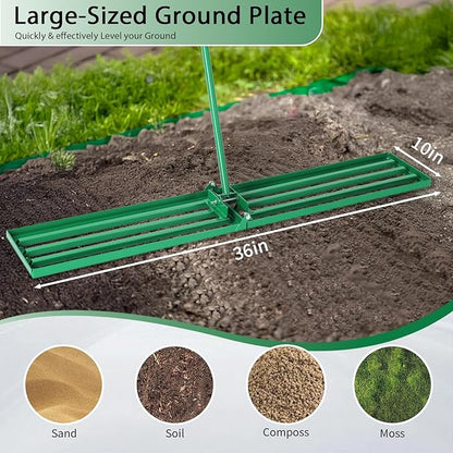 VINGLI Iron Lawn Leveling Rake 36in for Soil Sand Composs, Extended Handle, 180°Rotation Head, with All Handwares, for Yard Garden Golf Field, Green (36in)