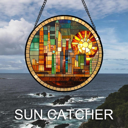 Stained Glass Window Hanging Colorful Cityscape Golden Sun 9.8" - Suncatcher Door Garden Sun Catcher Home Decor Birthday Christmas for Mom Men Woman Nana Friend