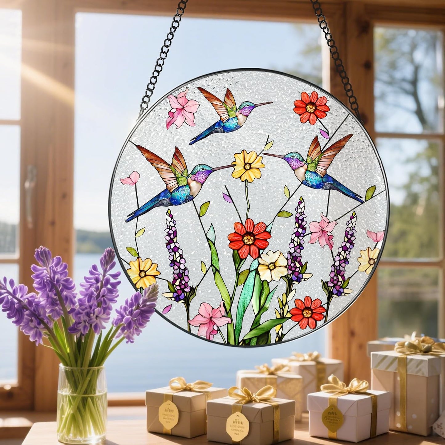 8 Inch Hummingbirds Stained Glass Suncatcher, Stained Glass Window Hanging, Window Hanging Decor, Hummingbird Sun Catcher, Gifts for Women Mom Grandma, Mother Day, Birthday, Christmas