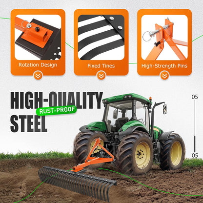 KUAFU 60 in Landscape Rake, 3 Point Rake Compatible with Category-1 Tractor, 360 Degree Rotation Tow-Behind Garden Tool for Compact Tractors for Farm, Garden, Clearing Brush, Raking Arenas 2 Package