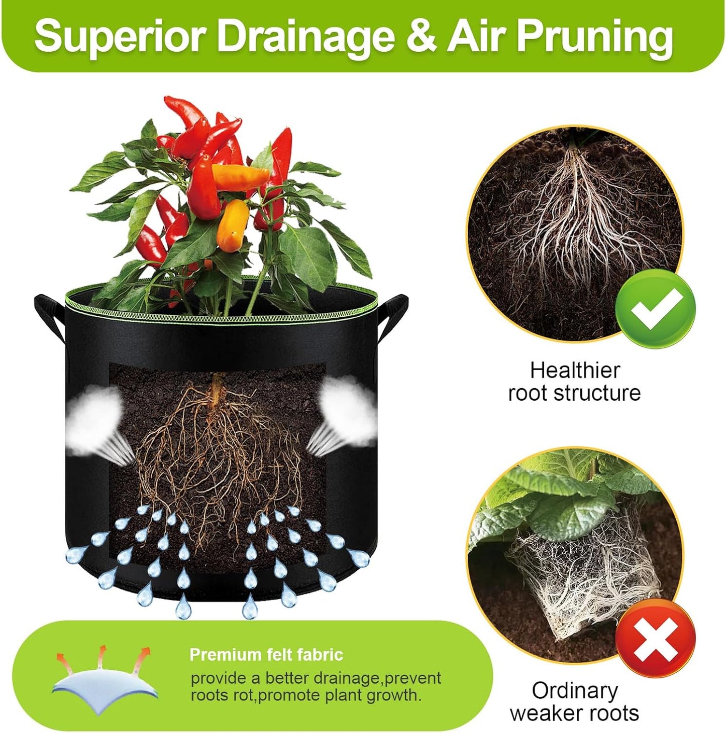 6-Pack 7 Gallon Grow Bags - 300G Heavy Duty Aeration Fabric Pots with Handles,Thickened Nonwoven Planter Bags for Vegetables Flowers Fruits