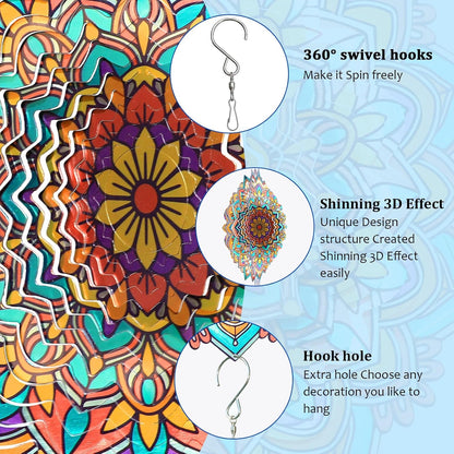 Mandala Daisy Wind Spinner - 12In 3D Kinetic Metal Wind Spinners, Stainless Steel Laser Cut Hanging Wind Sculpture, Indoor/Outdoor Garden & Yard Art Decor Gifts for Women, Men & Holidays