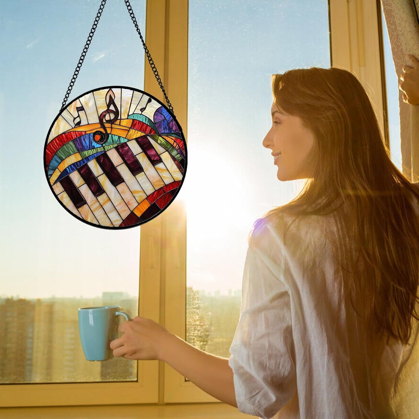Stained Glass Window Hanging, Piano Notes Sun Catchers Glass Panel Suncatcher Decor for Birthday for Women, Men, Wife, Aunt, and Mom 11.8x11.8 in