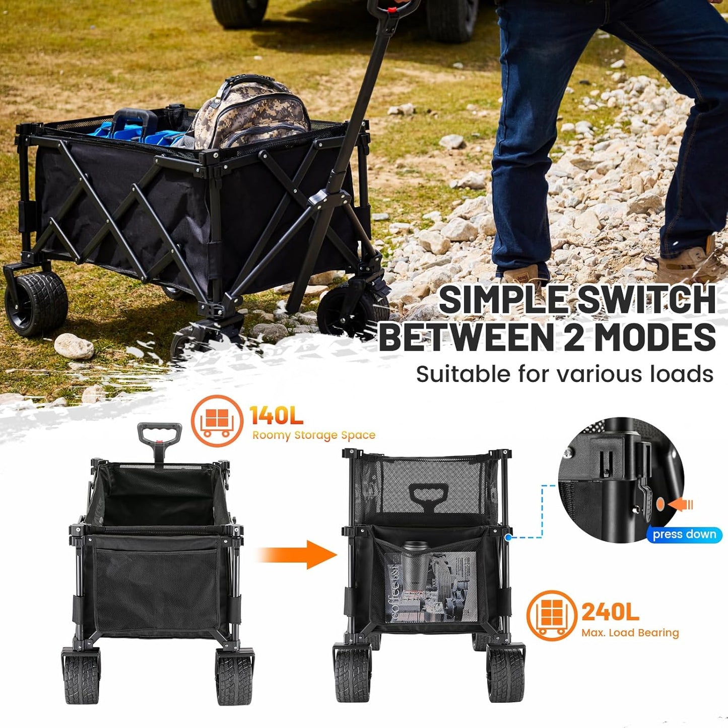 EchoSmile Collapsible Folding Wagon Cart with Mesh Fabric - 480lbs Capacity 2-in-1 Heavy Duty Utility Wagon for Camping, Beach, Grocery &Shopping